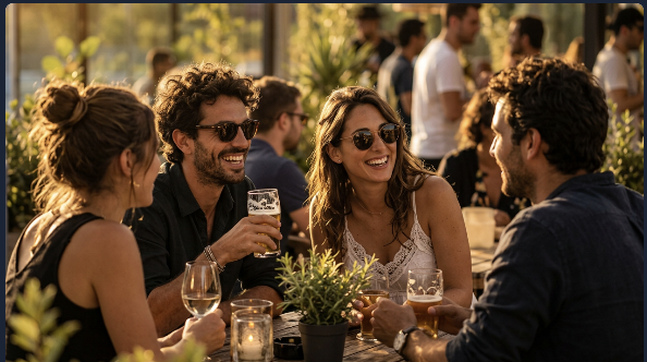 Amis attablés autour d'un verre sur la terrasse de la guinguette