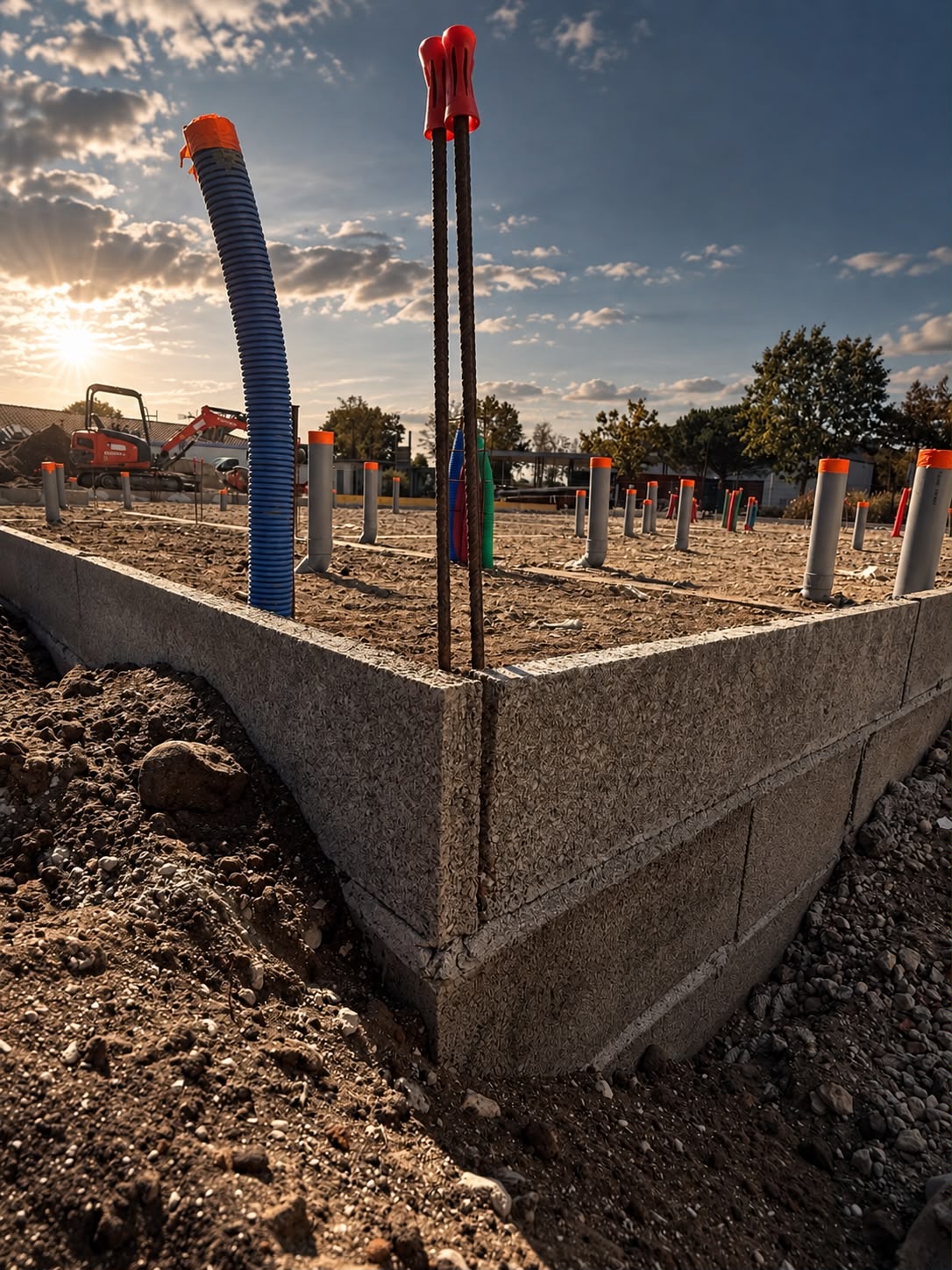 Chantier du club house de Padel Xperience, dalle et fondations en cours de construction