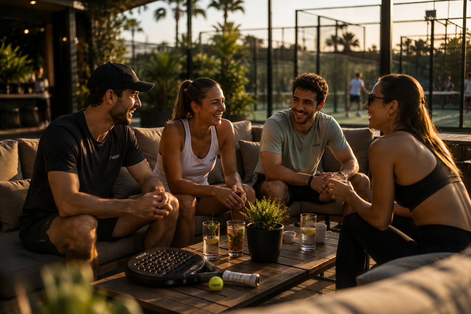 Soirée conviviale en terrasse au coucher du soleil à Padel Xperience