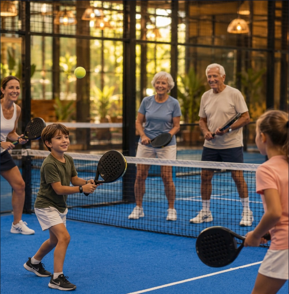 Famille avec raquettes de padel sur une piste indoor